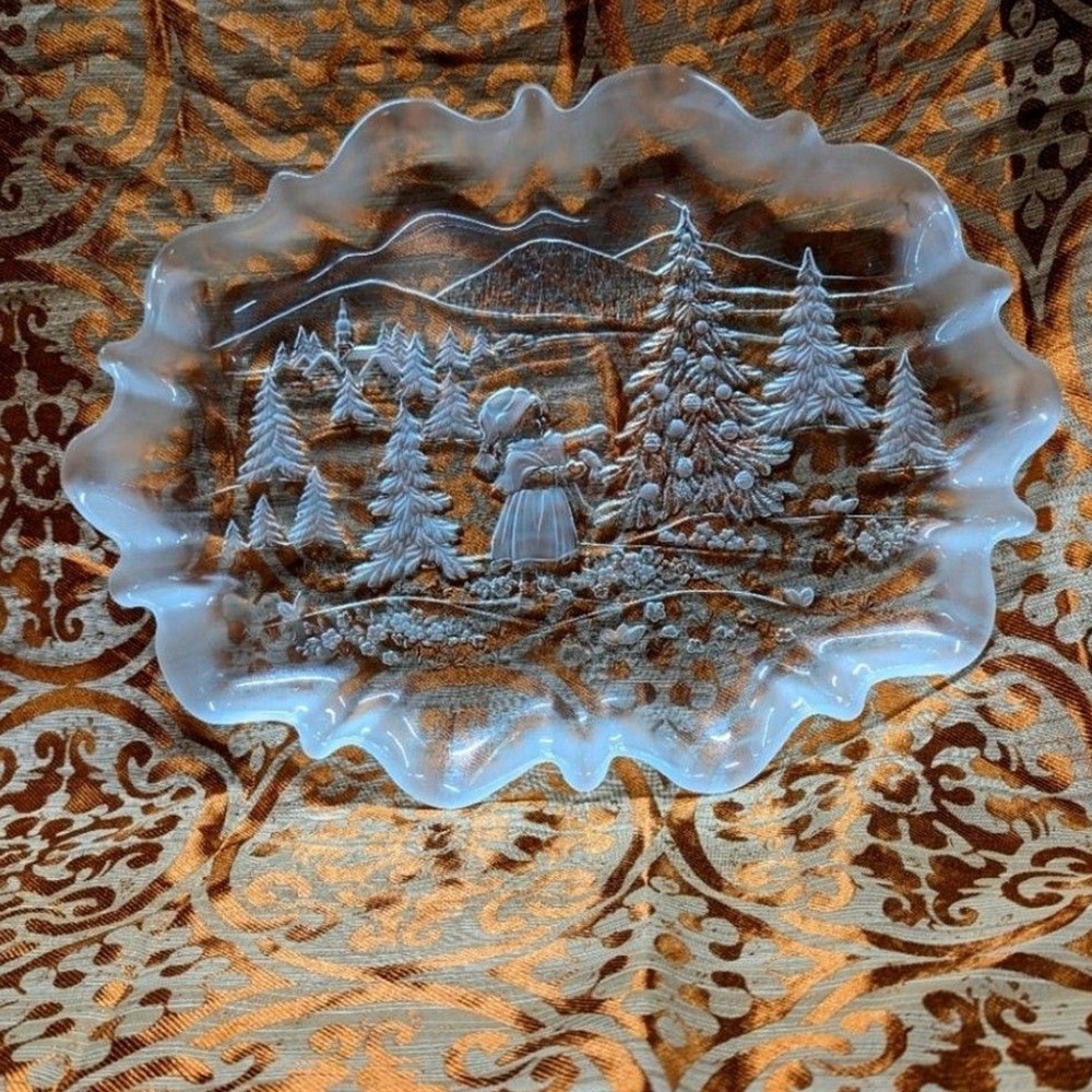 Vintage Christmas Cottage Winter Frosted Glass Mikasa Story Oval Serving Platter